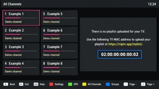 Smart IPTV screen showing the TV MAC address