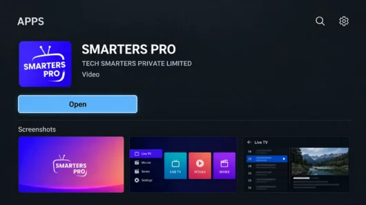 Smarters Pro listing in Samsung Apps with the Open option