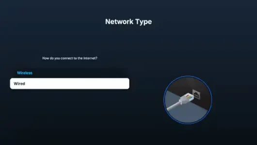 Samsung TV network type screen showing Wired and Wireless options