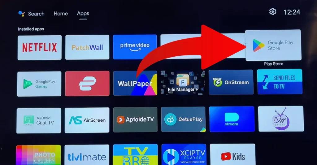 Android TV Apps screen with Google Play Store highlighted