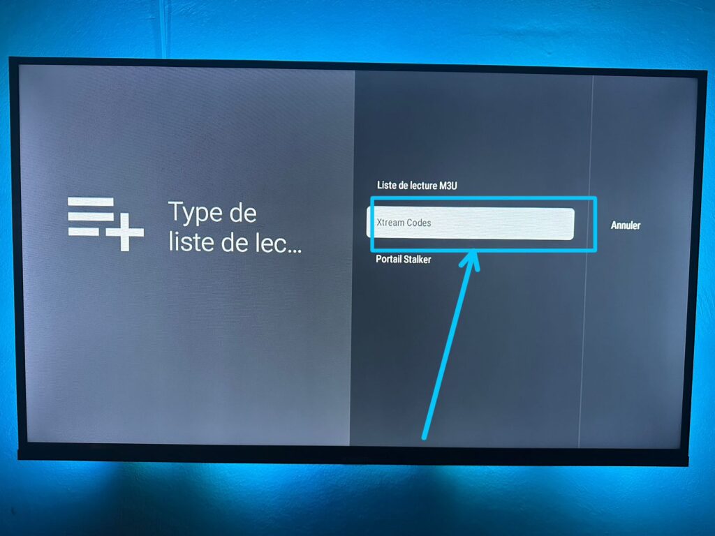 TiviMate playlist type menu with Xtream Codes selected