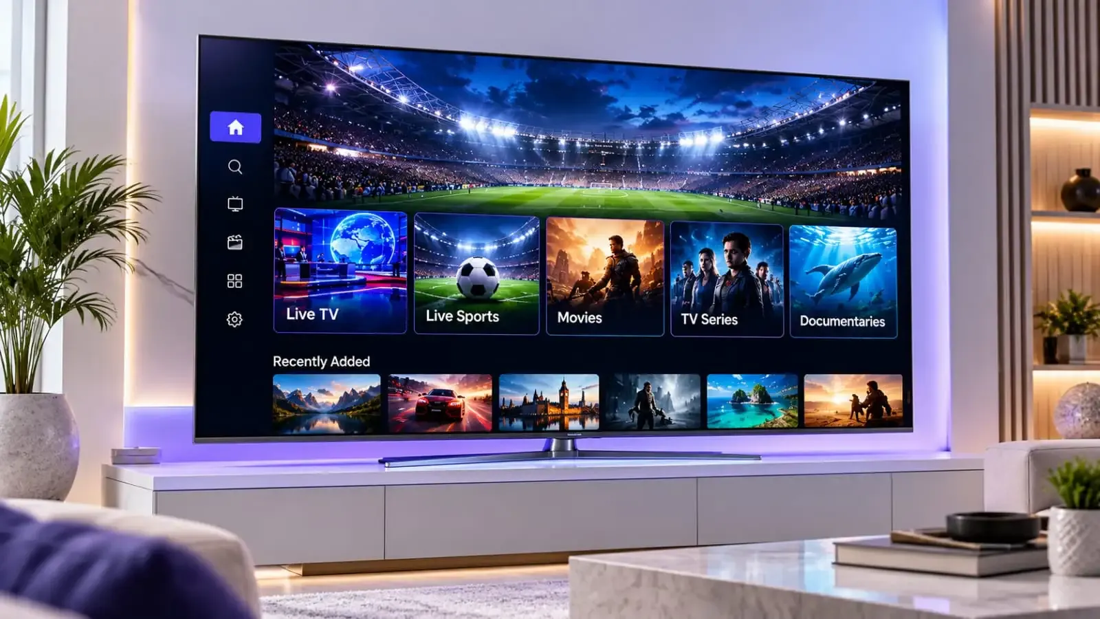 Smart TV displaying IPTV interface with live sports and movies options.