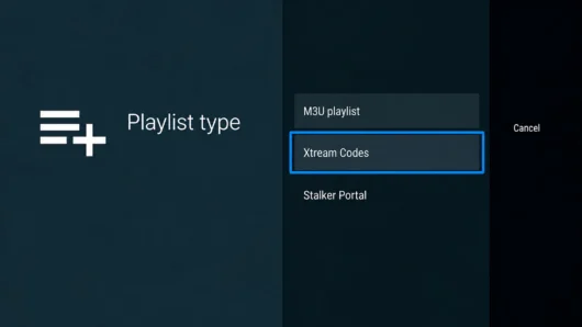 TiviMate example showing M3U playlist and Xtream Codes login options
