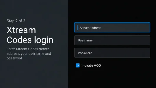 TiviMate example login screen with server address, username and password fields