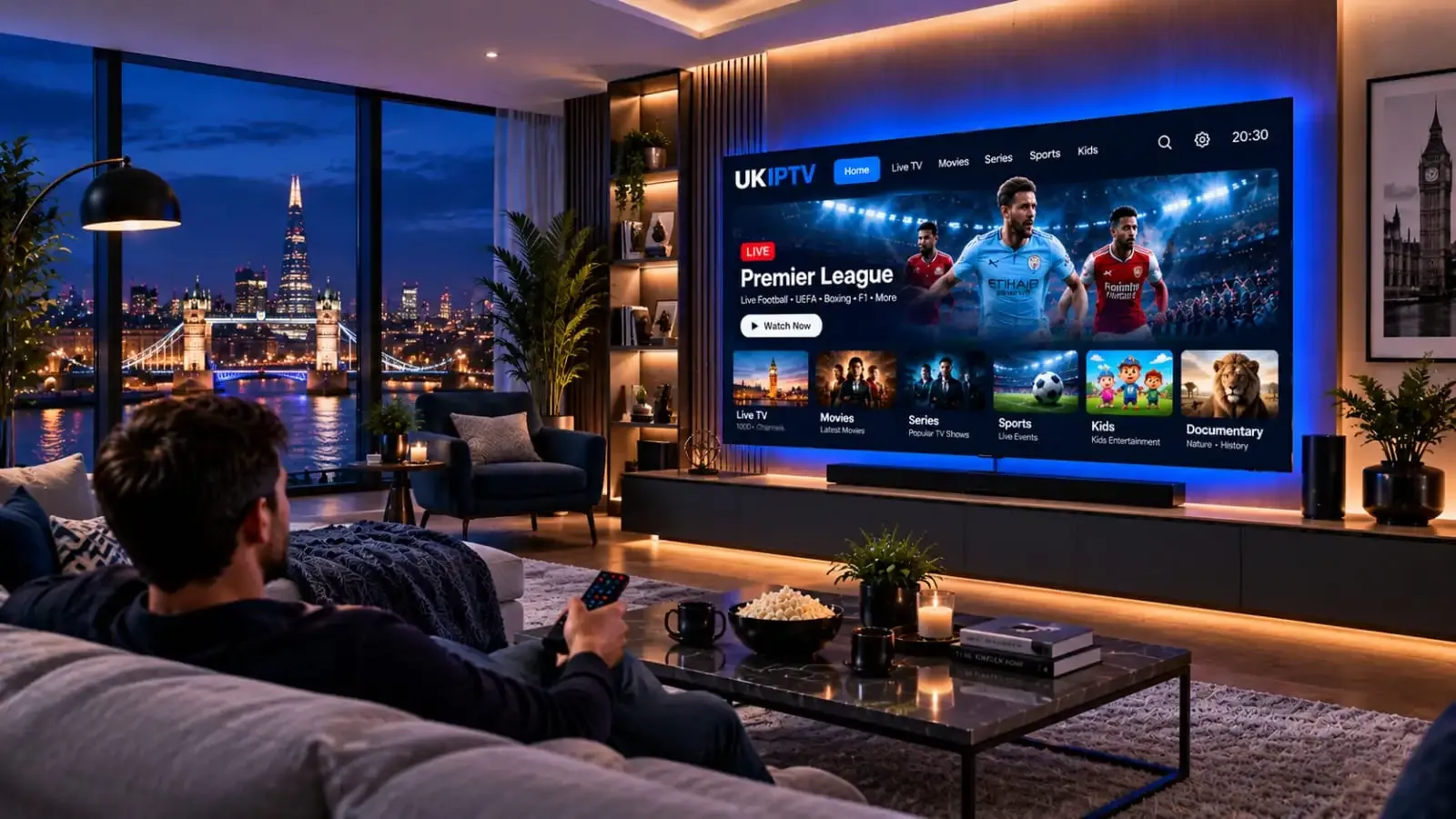 Man watching UK IPTV channels on a large TV in a modern living room