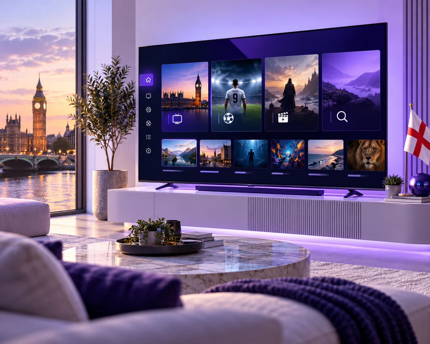 Premium UK IPTV entertainment screen with England flag accent