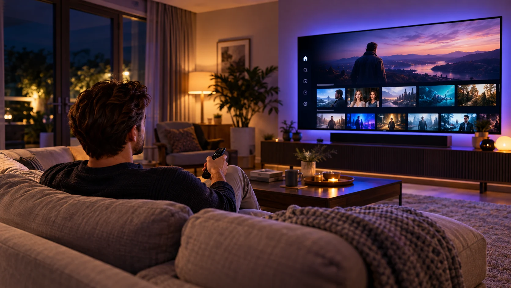 Person watching IPTV on a smart TV from a modern living room sofa