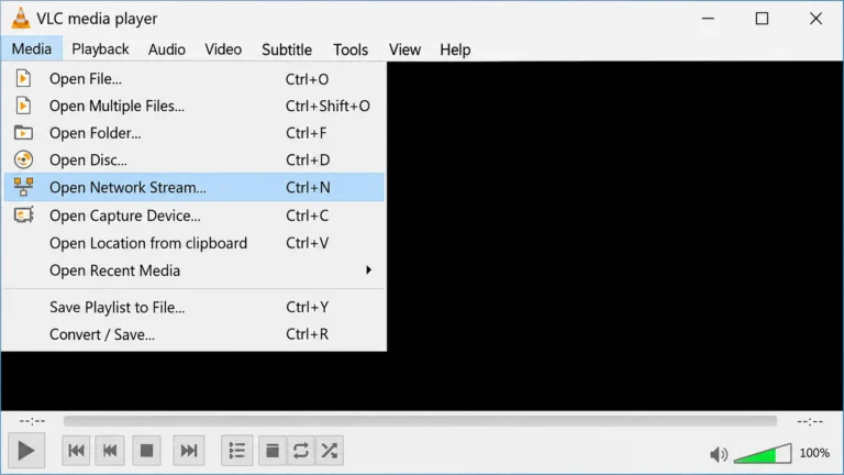 VLC Media menu with Open Network Stream selected