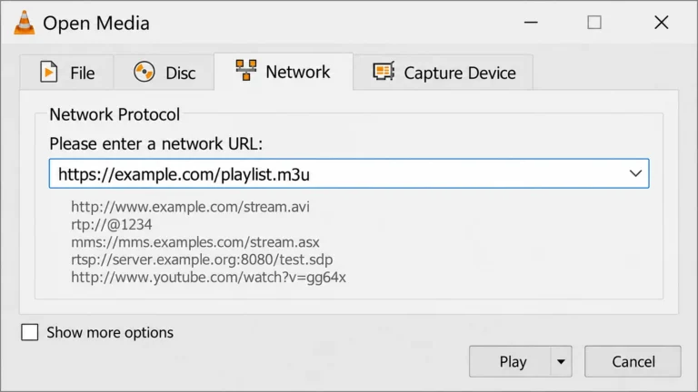 VLC Open Media window with the Network URL field visible