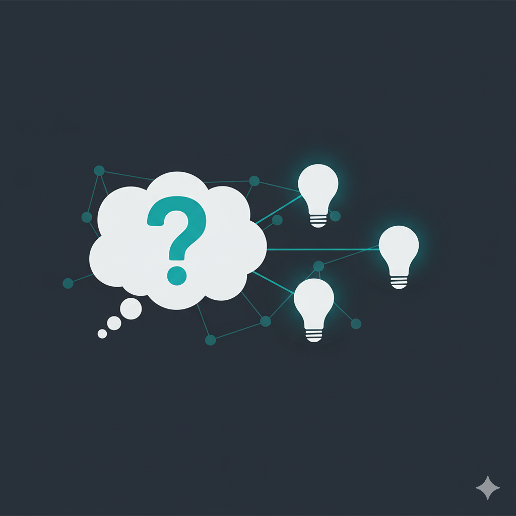 FAQ illustration with a question mark and light bulbs